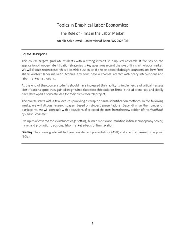 Syllabus Topics in Empirical Labor Economics - Schiprowski