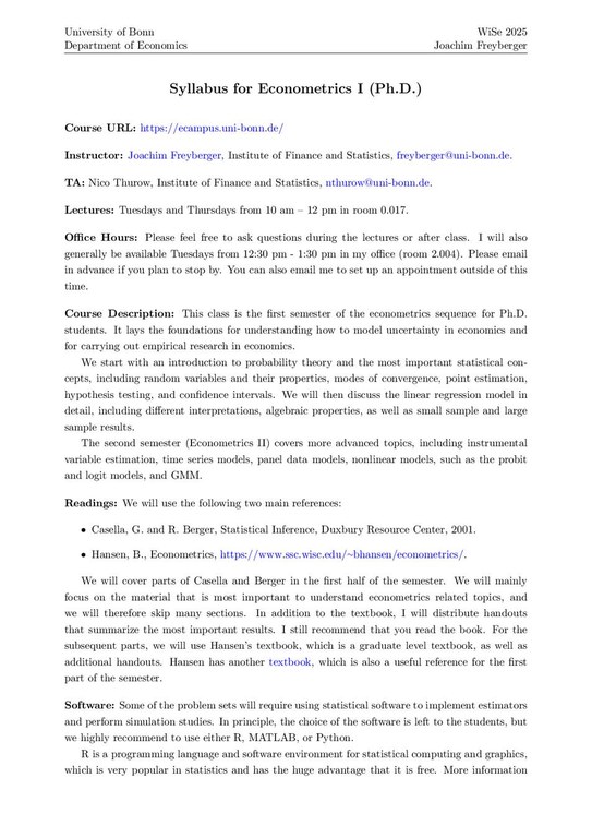 Syllabus Econometrics I - Freyberger