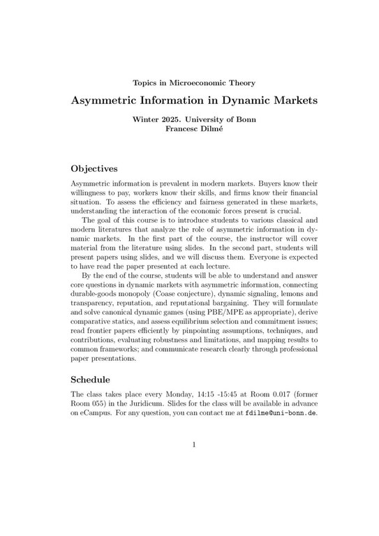 Syllabus Topics in Microeconomic Theory - Dilmé