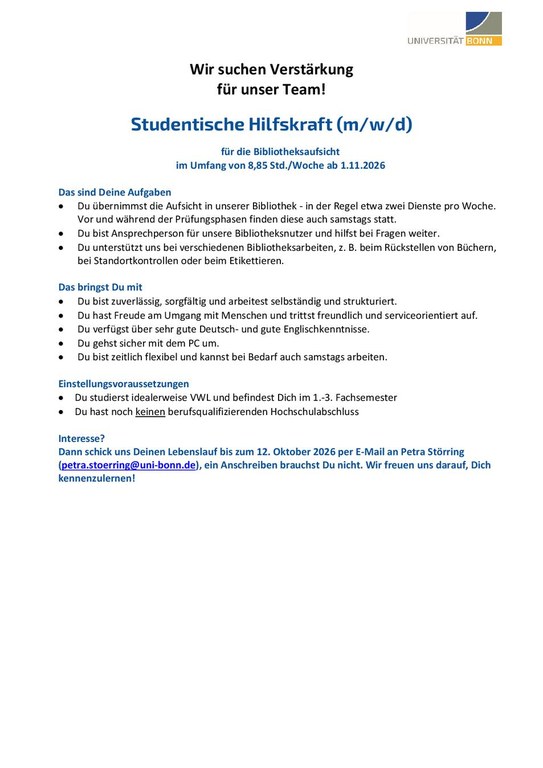 Studentische Hilfskraft (m/w/d) für die Bibliotheksaufsicht